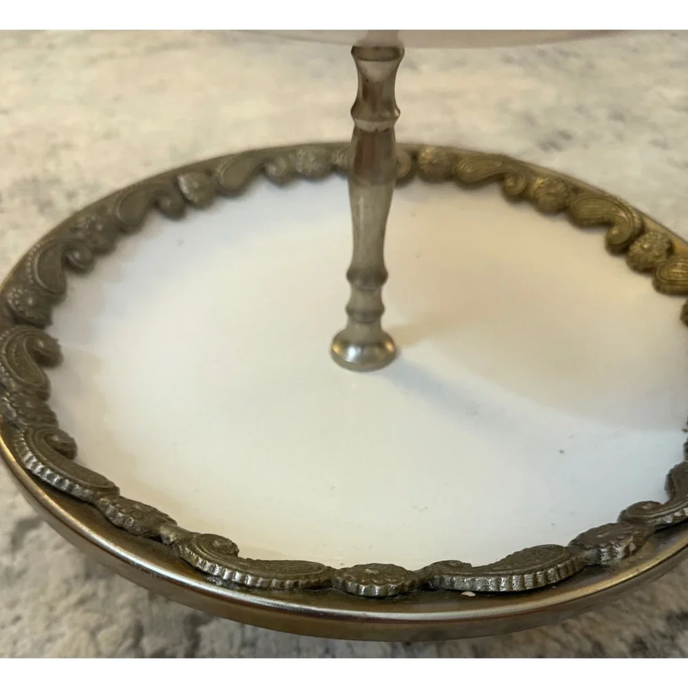 Vintage 2 Tier‎ Dessert Stand Silver Filigree White Milk Glass Serving Tray